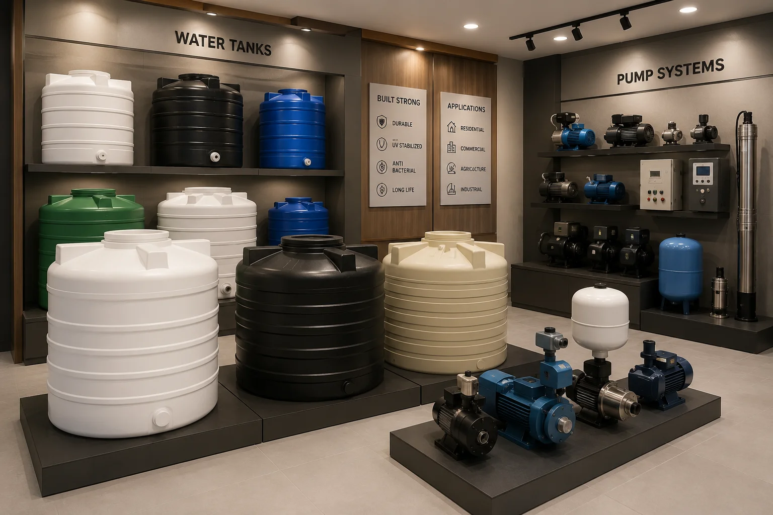 Water storage tanks and pump systems for residential and commercial use